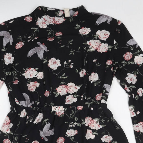 H&M Womens Black Floral Polyester A-Line Size 10 Round Neck Button