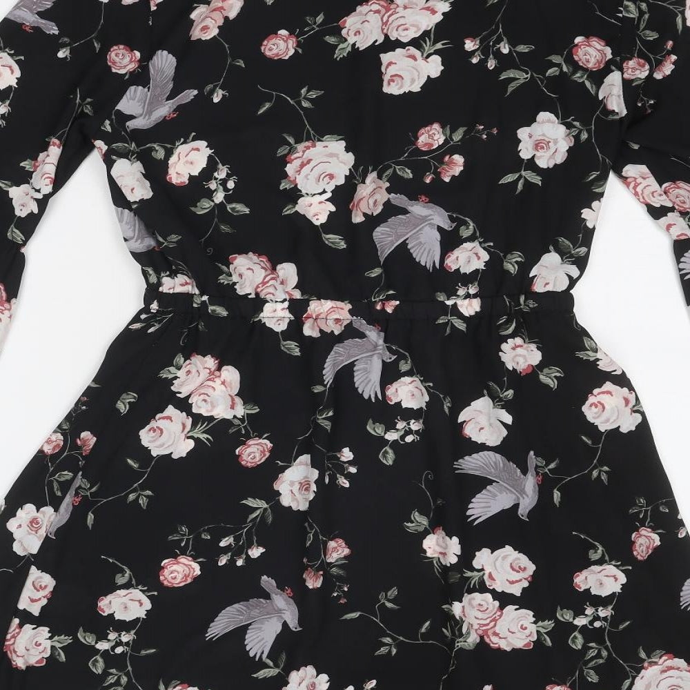 H&M Womens Black Floral Polyester A-Line Size 10 Round Neck Button