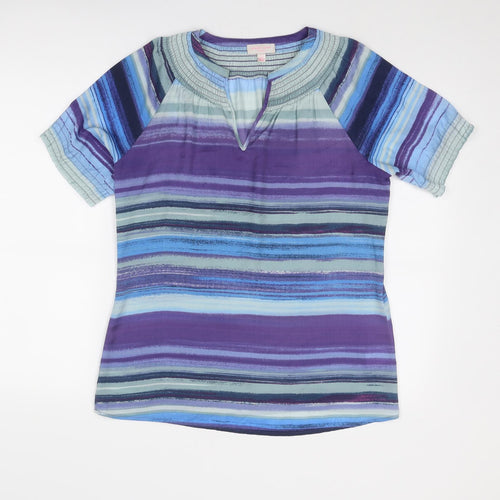 Gharani Strok Womens Blue Striped Polyester Basic T-Shirt Size L V-Neck