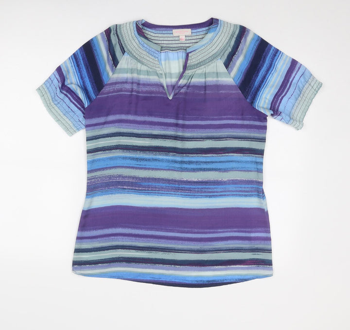 Gharani Strok Womens Blue Striped Polyester Basic T-Shirt Size L V-Neck