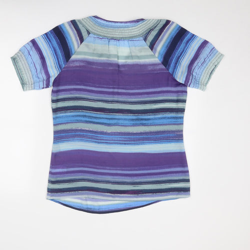 Gharani Strok Womens Blue Striped Polyester Basic T-Shirt Size L V-Neck