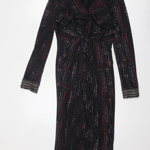 Damsel in a Dress Womens Black Geometric Polyester A-Line Size 10 V-Neck Zip - Zipped cuffs