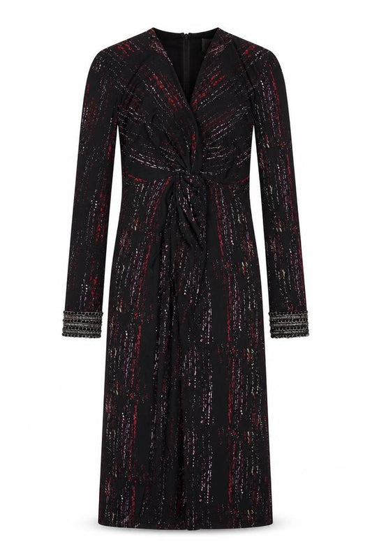 Front view of Damsel in a Dress women’s black geometric polyester a-line, size UK 10, v-neck zip - zipped cuffs
