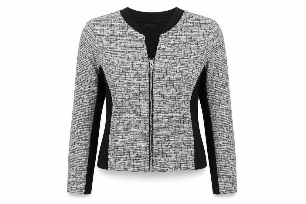 Front view of Marks & Spencer women’s grey geometric jacket, size UK 8, zip - colourblock
