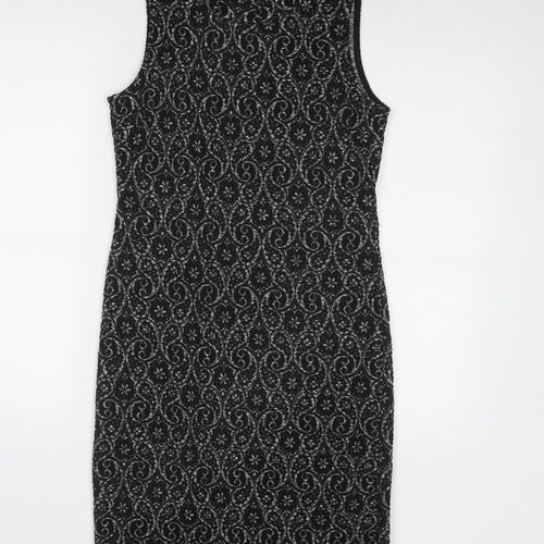 NEXT Womens Black Geometric Polyester A-Line Size 10 Round Neck Pullover