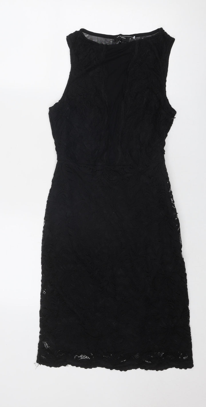 New Look Womens Black Geometric Polyester Shift Size 10 Round Neck Zip