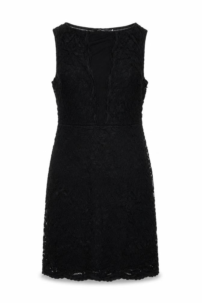 Front view of New Look women’s black geometric polyester shift, size UK 10, round neck zip