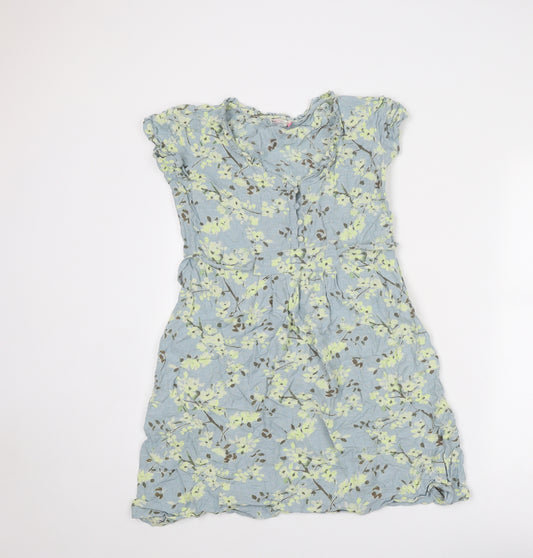 Front view of Salt Water women’s blue floral viscose a-line, size UK 8, round neck button