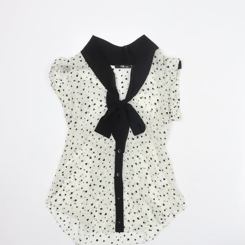 Jane Norman Womens Ivory Geometric Polyester Basic Button-Up Size 8 V-Neck - Pussy Bow Detail