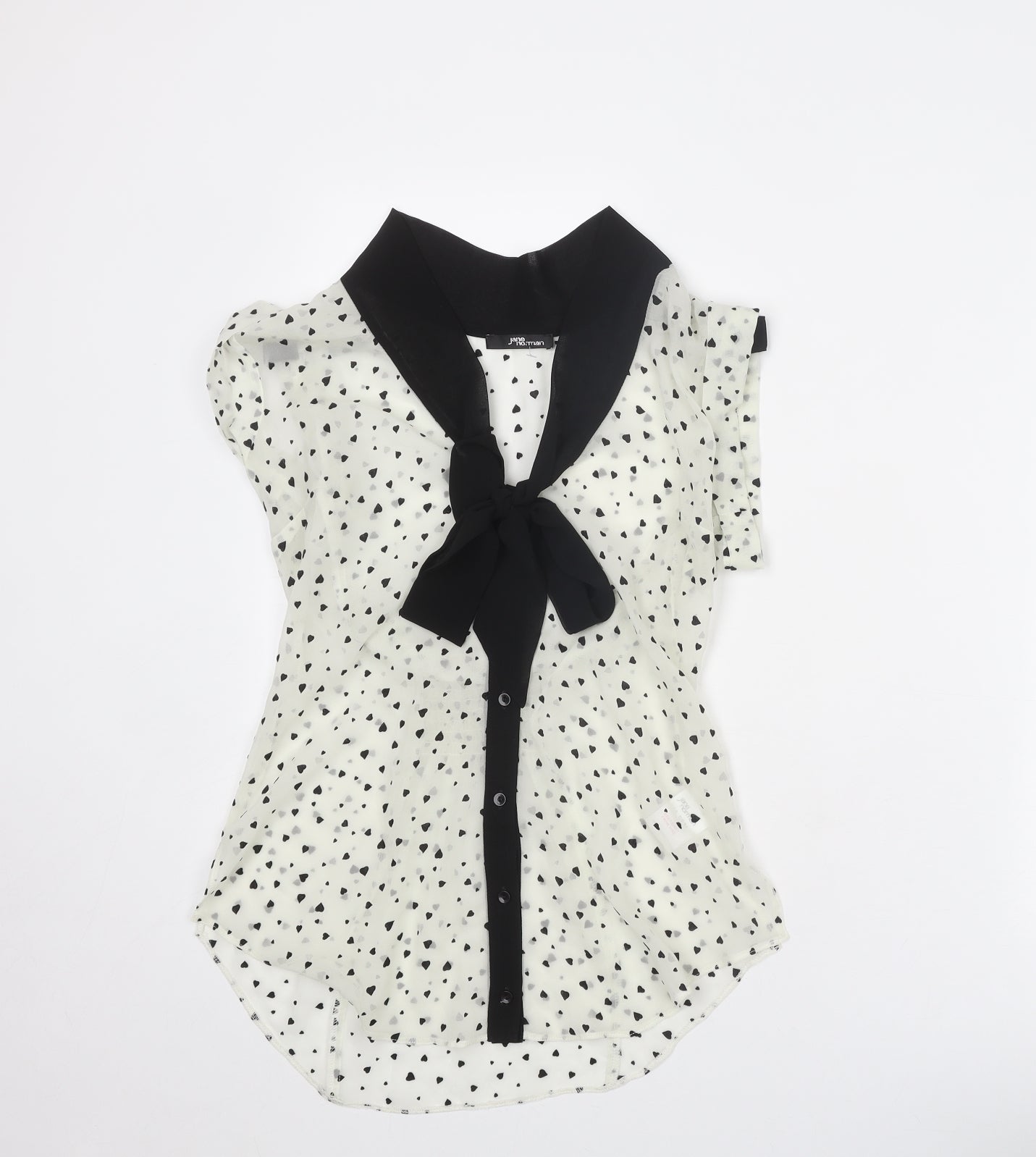Jane Norman Womens Ivory Geometric Polyester Basic Button-Up Size 8 V-Neck - Pussy Bow Detail