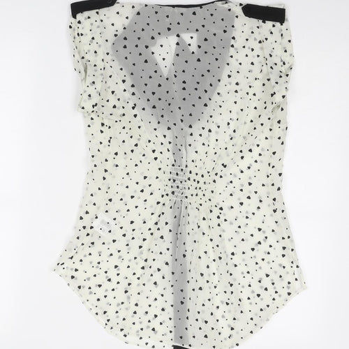 Jane Norman Womens Ivory Geometric Polyester Basic Button-Up Size 8 V-Neck - Pussy Bow Detail