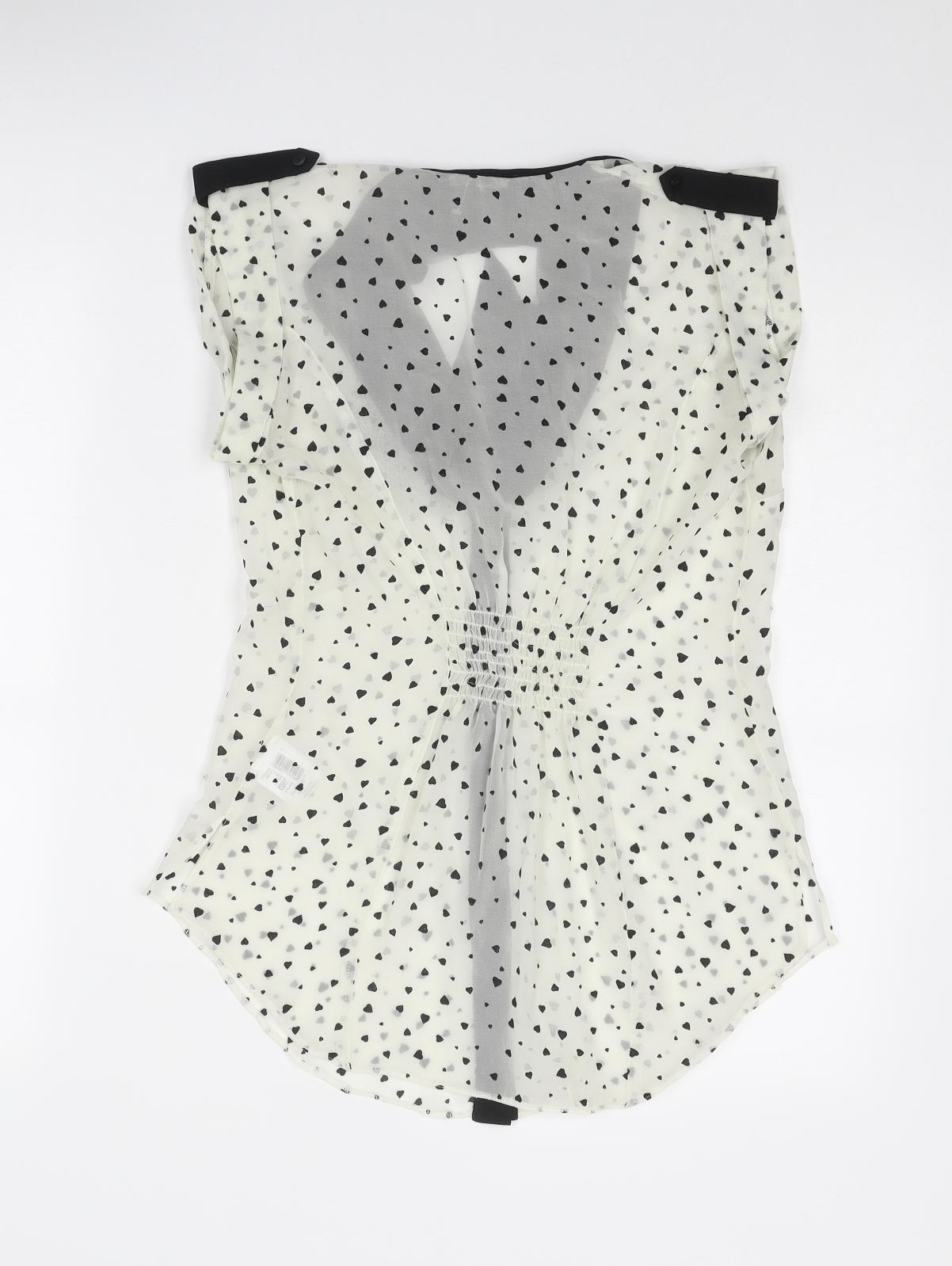 Jane Norman Womens Ivory Geometric Polyester Basic Button-Up Size 8 V-Neck - Pussy Bow Detail