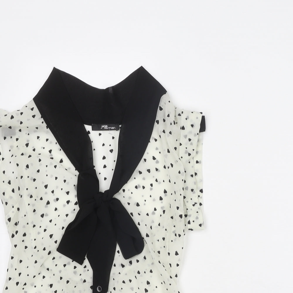 Jane Norman Womens Ivory Geometric Polyester Basic Button-Up Size 8 V-Neck - Pussy Bow Detail