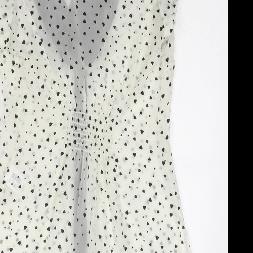 Jane Norman Womens Ivory Geometric Polyester Basic Button-Up Size 8 V-Neck - Pussy Bow Detail