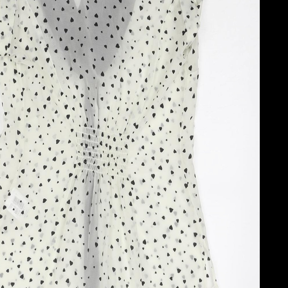 Jane Norman Womens Ivory Geometric Polyester Basic Button-Up Size 8 V-Neck - Pussy Bow Detail