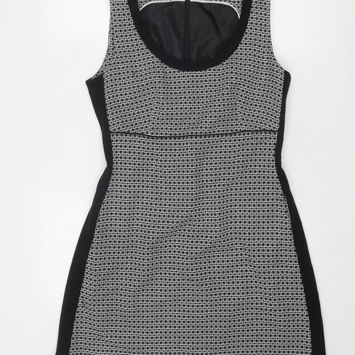 NEXT Womens Black Geometric Polyester Shift Size 12 Round Neck Zip