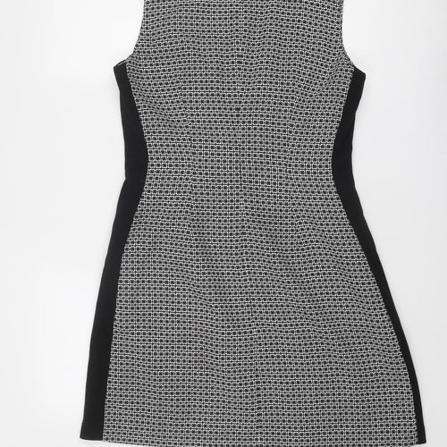 NEXT Womens Black Geometric Polyester Shift Size 12 Round Neck Zip