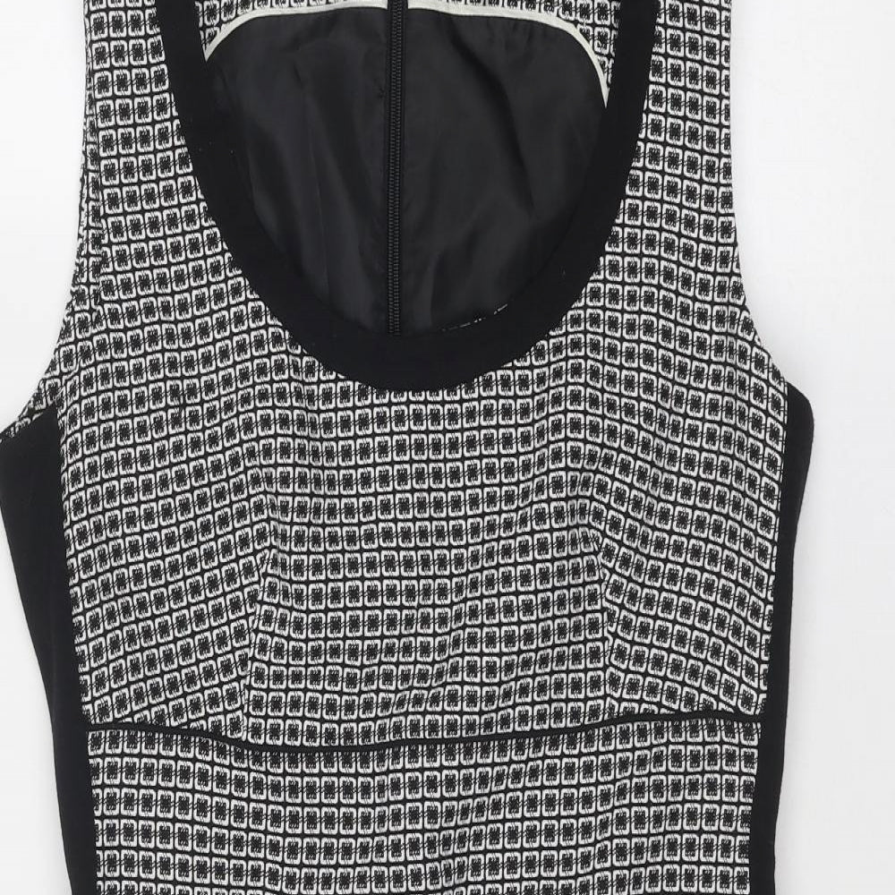 NEXT Womens Black Geometric Polyester Shift Size 12 Round Neck Zip