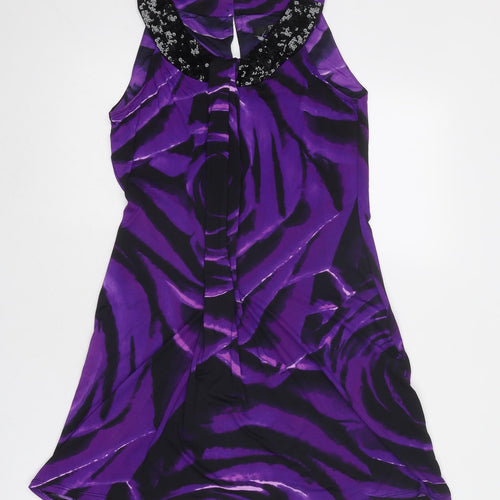 Debenhams Womens Purple Geometric Polyester A-Line Size 8 Round Neck Button