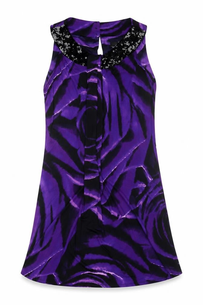 Front view of Debenhams women’s purple geometric polyester a-line, size UK 8, round neck button