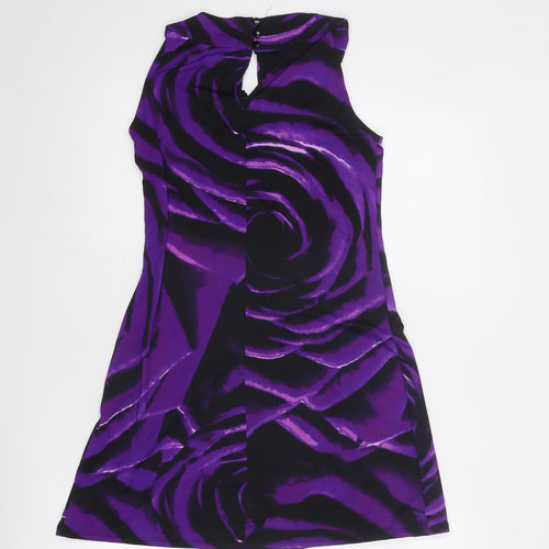 Debenhams Womens Purple Geometric Polyester A-Line Size 8 Round Neck Button