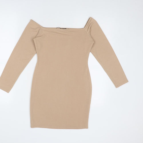 PRETTYLITTLETHING Womens Beige Polyester Bodycon Size 6 Square Neck Pullover