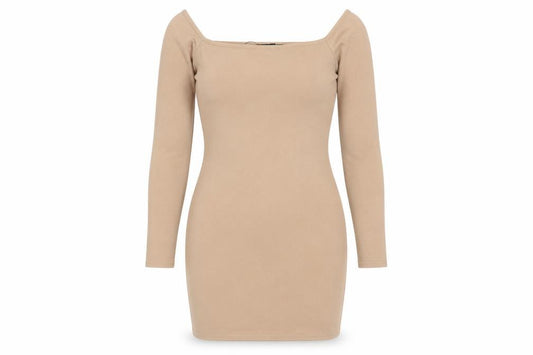 Front view of PRETTYLITTLETHING women’s beige polyester bodycon, size UK 6, square neck pullover