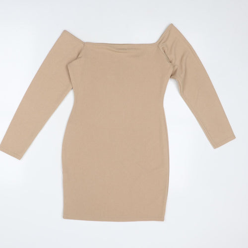PRETTYLITTLETHING Womens Beige Polyester Bodycon Size 6 Square Neck Pullover
