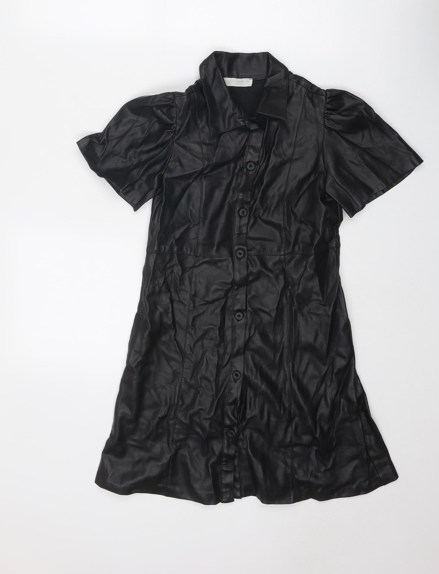 Zara Girls Black Polyurethane Shirt Dress Size 10 Years Collared Button