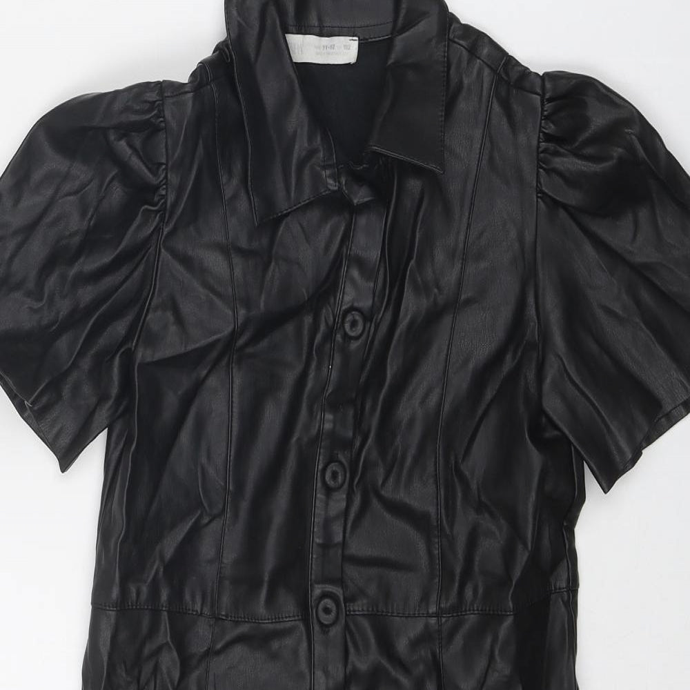 Zara Girls Black Polyurethane Shirt Dress Size 10 Years Collared Button