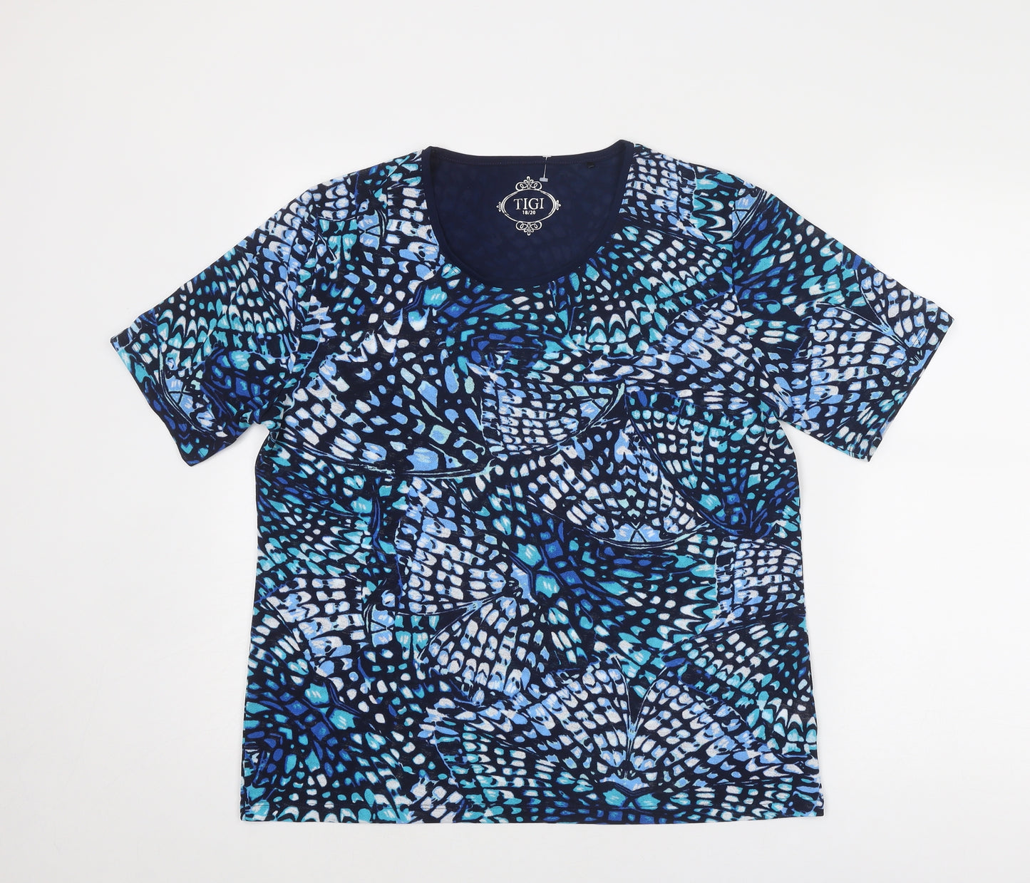 Tigi Womens Blue Geometric Polyester Basic T-Shirt Size 18 Round Neck