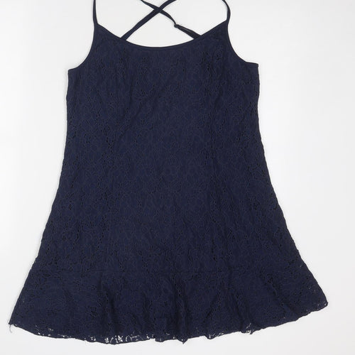 Cotton On Womens Blue Floral Polyamide Slip Dress Size L Round Neck Pullover