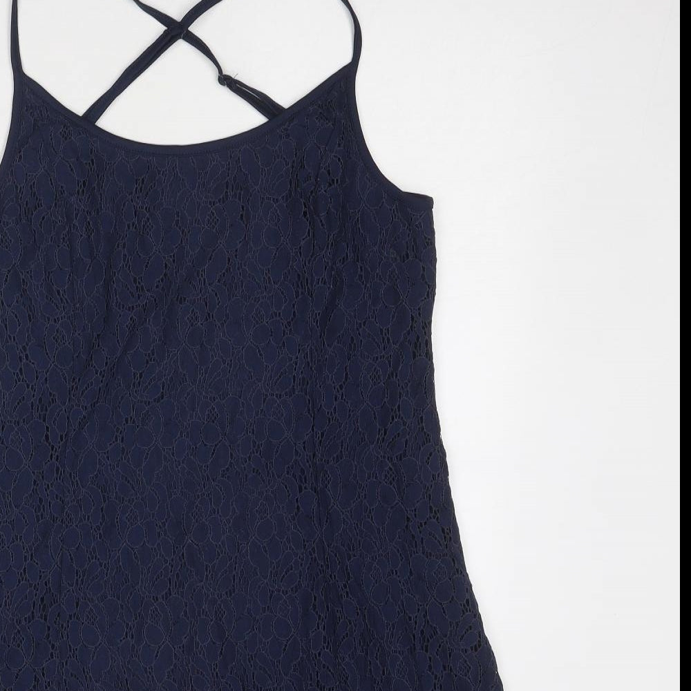 Cotton On Womens Blue Floral Polyamide Slip Dress Size L Round Neck Pullover