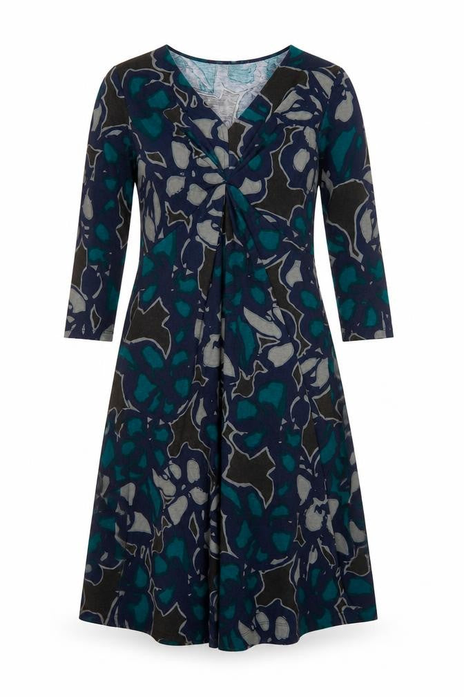 Front view of Epilogue women’s blue geometric polyester trapeze & swing, size UK 12, v-neck pullover