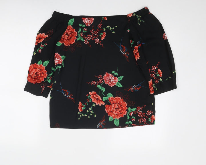 Dorothy Perkins Womens Black Floral Polyester Basic Blouse Size 8 Off the Shoulder