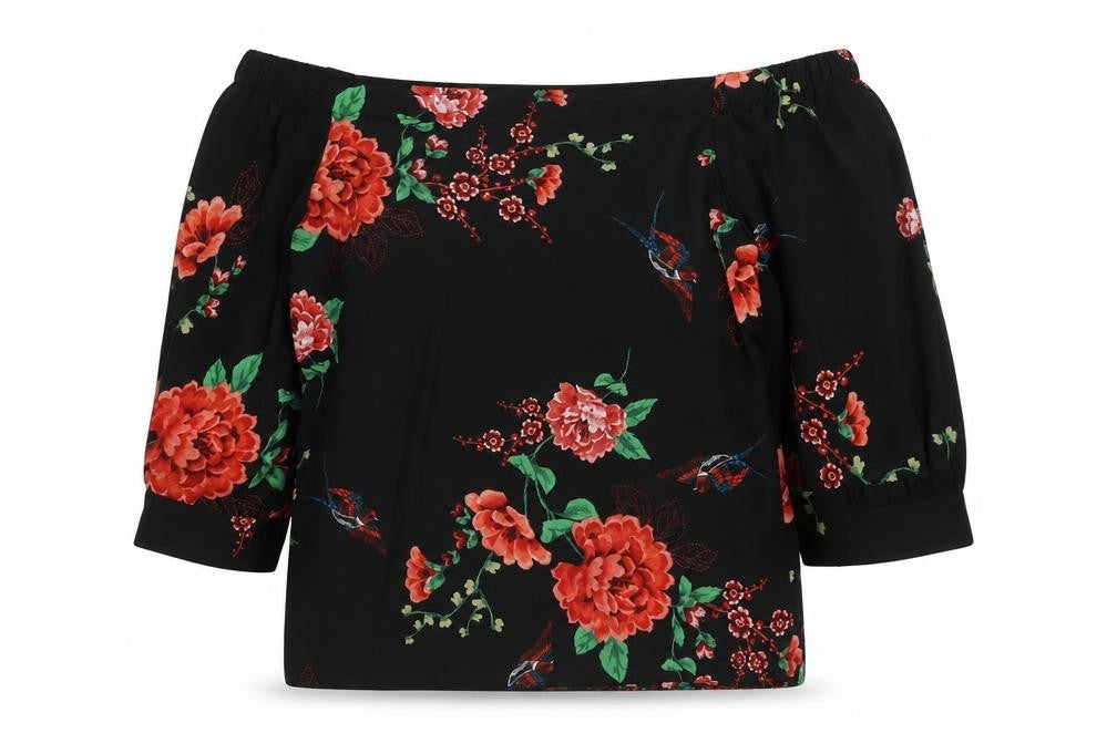 Front view of Dorothy Perkins women’s black floral polyester basic blouse, size UK 8, off the shoulder