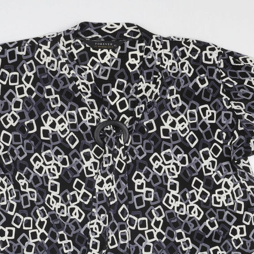 Forever Womens Black Geometric Polyester Basic Blouse Size XL V-Neck - Ring Detail