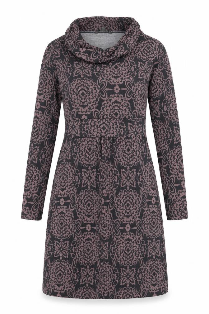 Front view of Lily & Me women’s grey floral polyester jumper dress, size UK 8, roll neck pullover
