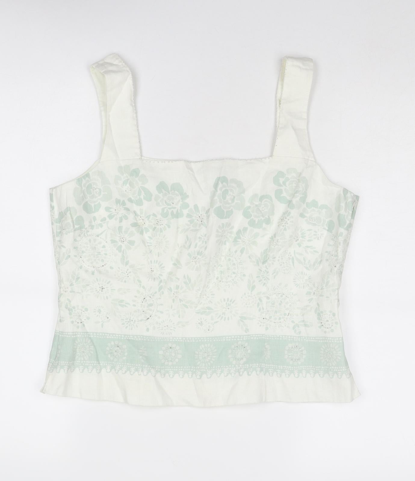 Kaliko Womens Ivory Floral Linen Basic Tank Size 14 Square Neck