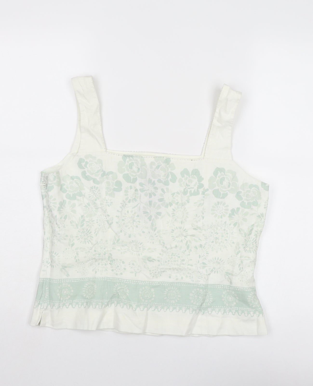 Kaliko Womens Ivory Floral Linen Basic Tank Size 14 Square Neck