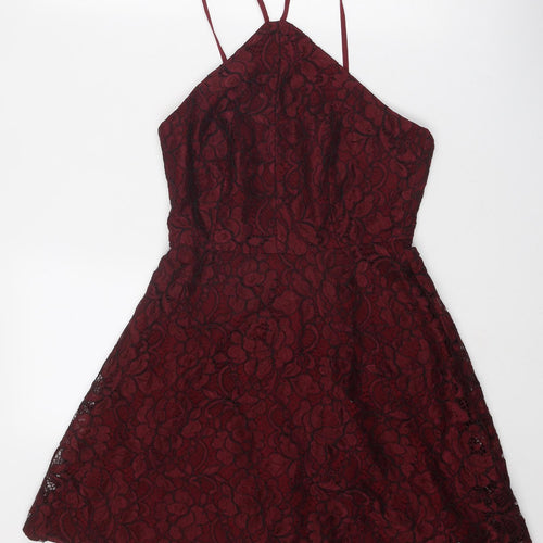 New Look Womens Red Floral Nylon Fit & Flare Size 10 V-Neck Zip