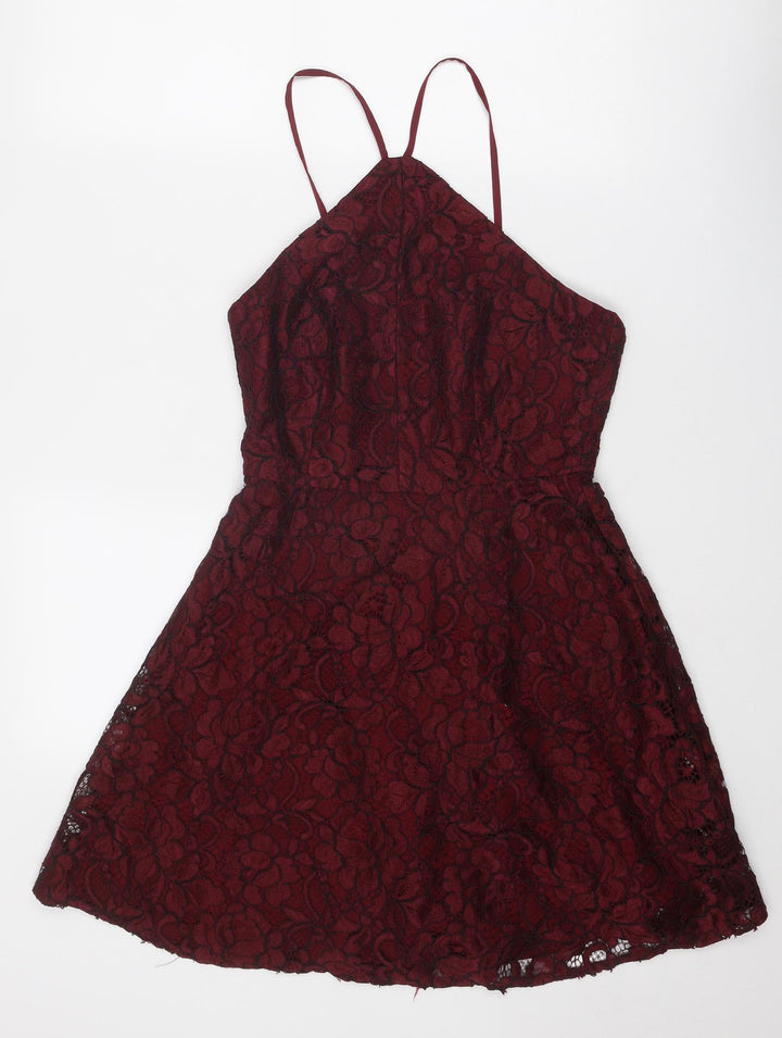 New Look Womens Red Floral Nylon Fit & Flare Size 10 V-Neck Zip