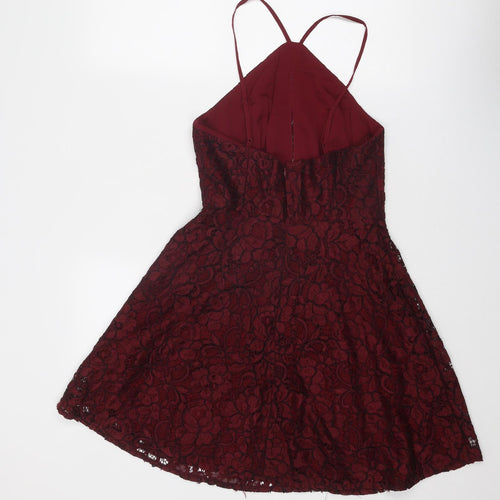 New Look Womens Red Floral Nylon Fit & Flare Size 10 V-Neck Zip