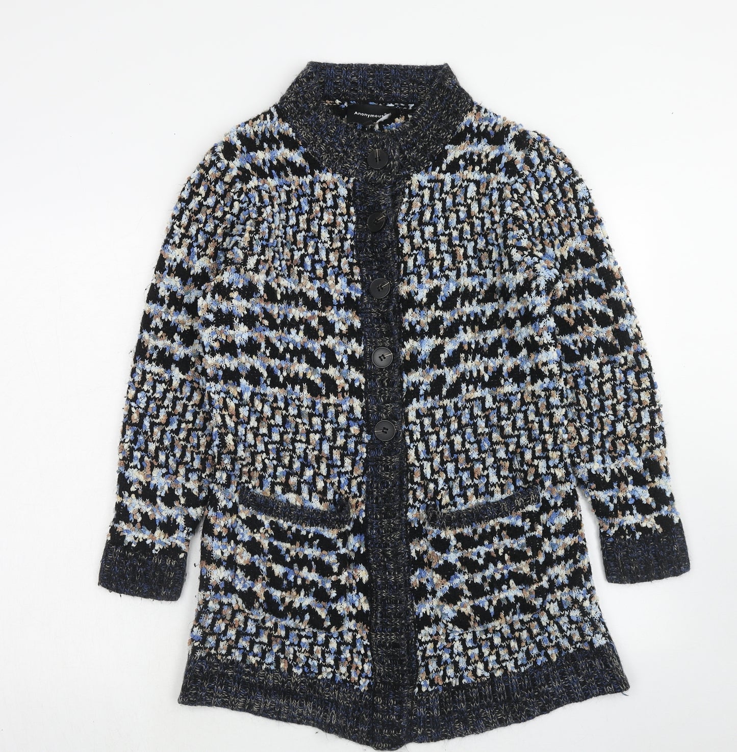 Anonymous Womens Blue Round Neck Geometric Acrylic Cardigan Jumper Size M