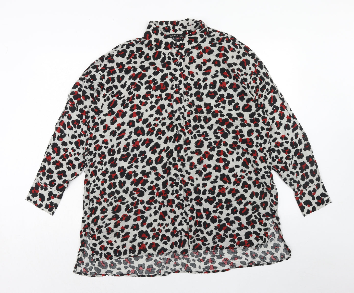 Zara Womens Red Animal Print Viscose Basic Button-Up Size L Collared - Leopard Print