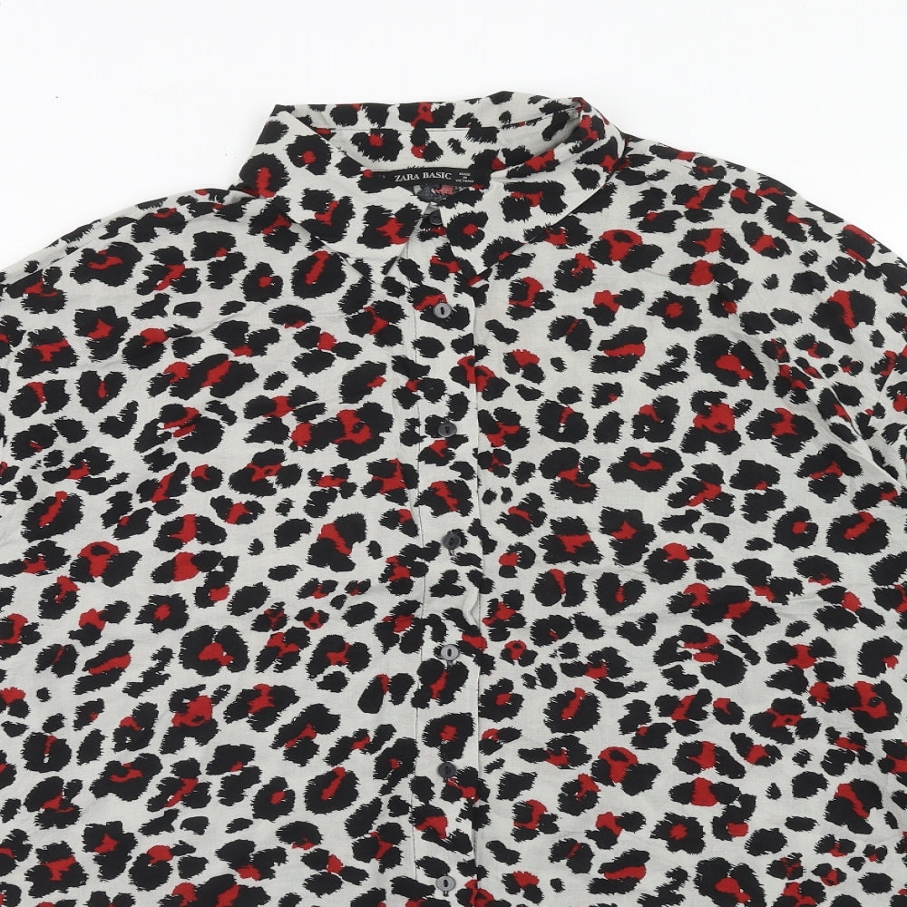 Zara Womens Red Animal Print Viscose Basic Button-Up Size L Collared - Leopard Print