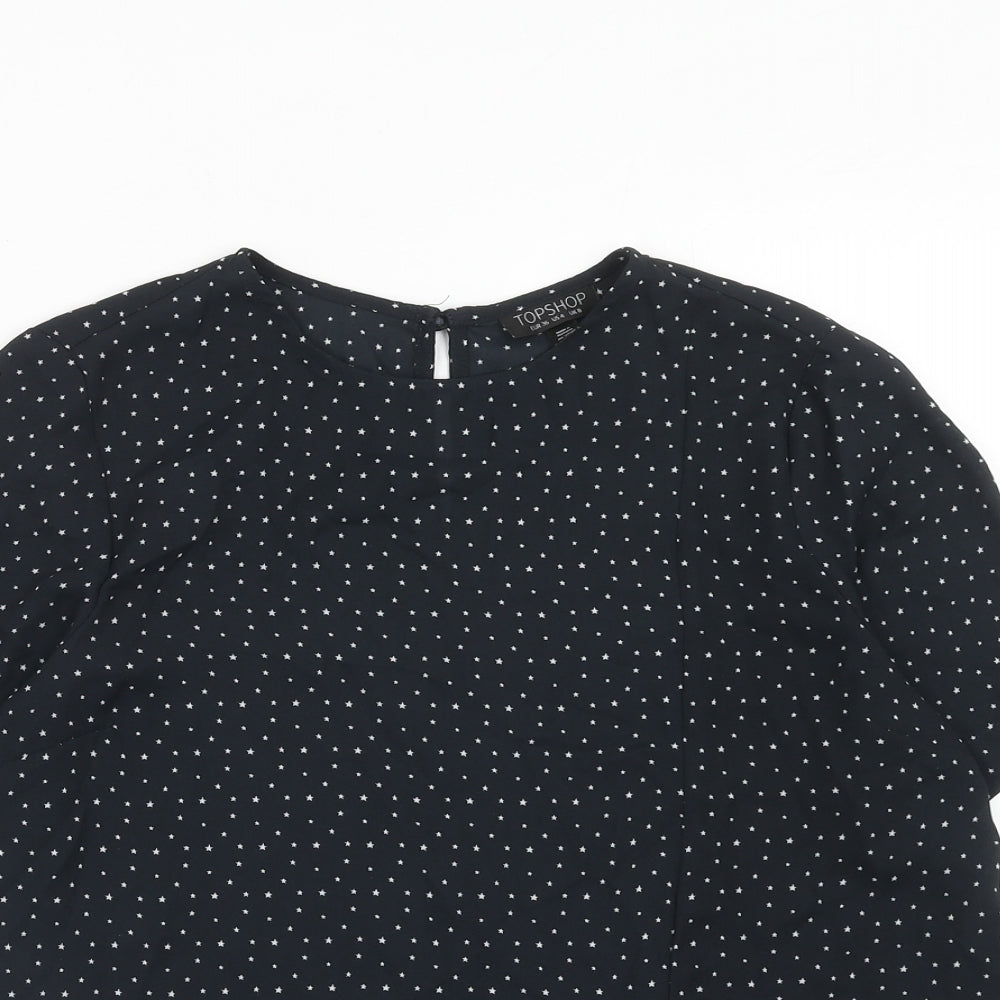 Topshop Womens Black Geometric Polyester Basic Blouse Size 8 Round Neck - Star Print