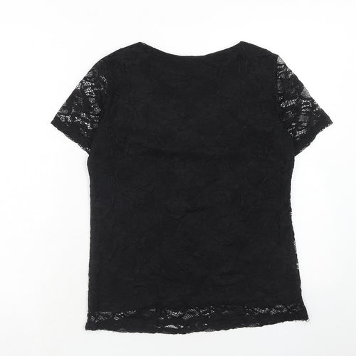 Claudia C Womens Black Nylon Basic T-Shirt Size 12 Round Neck