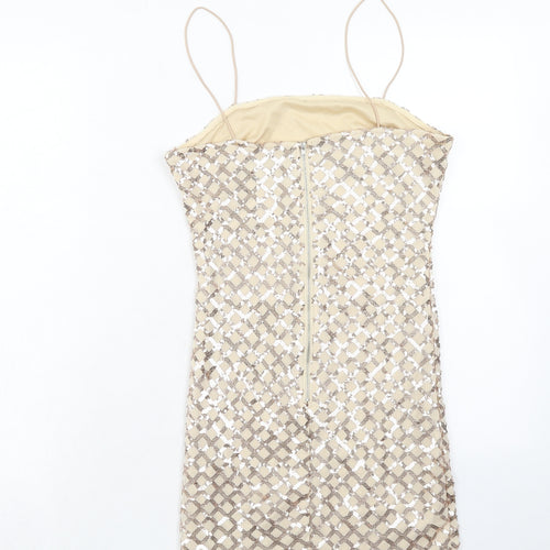 PRETTYLITTLETHING Womens Gold Polyester Bodycon Size 8 Square Neck Zip