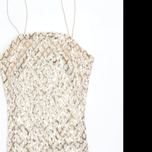 PRETTYLITTLETHING Womens Gold Polyester Bodycon Size 8 Square Neck Zip
